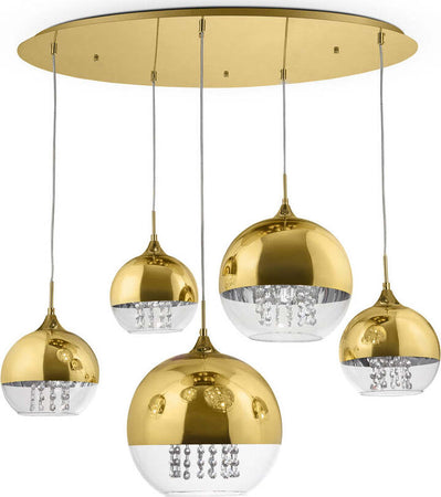 Lampadario-Contemporaneo-Fermi-Metallo-Oro-5-Luci-Diffusori-Vetro-E-Metallo