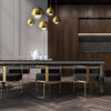 Lampadario-Contemporaneo-Fermi-Metallo-Oro-5-Luci-Diffusori-Vetro-E-Metallo