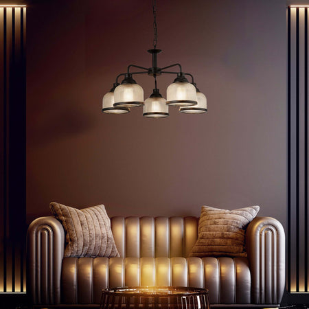 Lampadario-Contemporaneo-Highworth-Acciaio-Nero-Vetro-Trasparente-5-Luci-E27