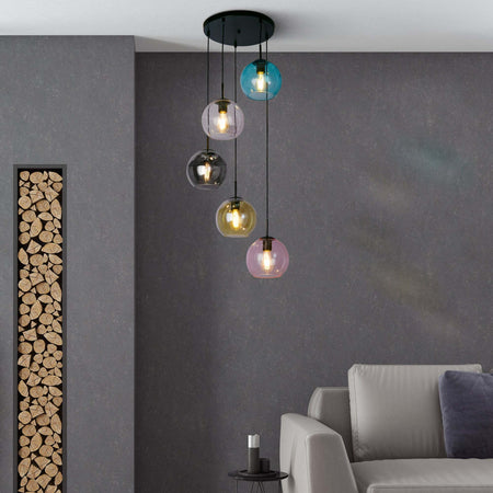 Lampadario-Contemporaneo-Mardi-Grass-Acciaio-Nero-Vetro-5-Luci-E27
