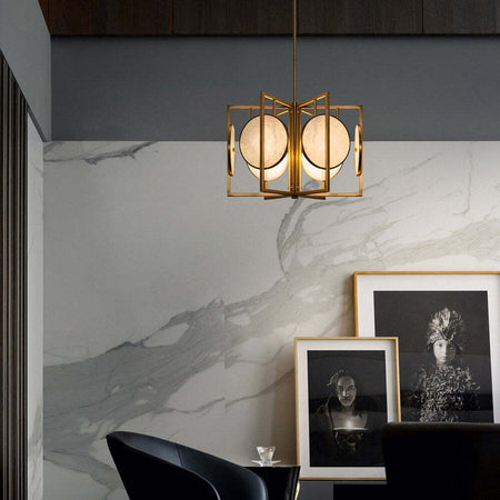 Lampadario-Contemporaneo-Marmo-Metallo-Oro-3-Luci-Diffusori-Bianchi