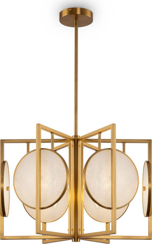 Lampadario-Contemporaneo-Marmo-Metallo-Oro-6-Luci-Diffusori-Bianchi