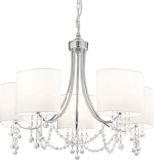 Lampadario-Contemporaneo-Nina-Acciaio-Cromo-Tessuto-Bianco-5-Luci-E14