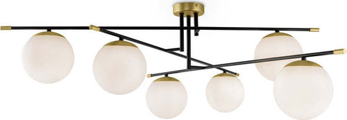 Lampadario-Contemporaneo-Nostalgia-Metallo-Oro-Opaco-6-Luci-Diffusori-Bianchi