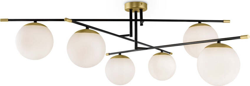 Lampadario-Contemporaneo-Nostalgia-Metallo-Oro-Opaco-6-Luci-Diffusori-Bianchi