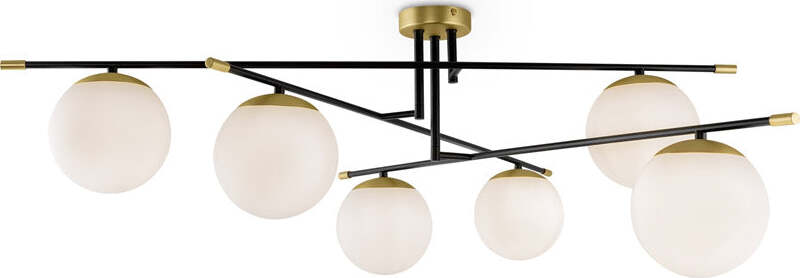 Lampadario-Contemporaneo-Nostalgia-Metallo-Oro-Opaco-6-Luci-Diffusori-Bianchi