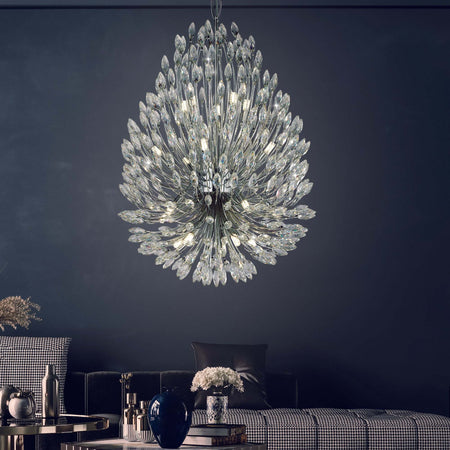 Lampadario-Contemporaneo-Pavone-Acciaio-Cromo-Vetro-Trasparente-20-Luci-G9