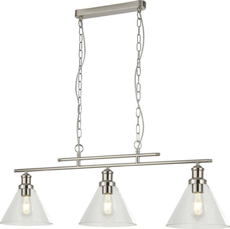 Lampadario-Contemporaneo-Piramide-Acciaio-Argento-Vetro-Trasparente-3-Luci-E27
