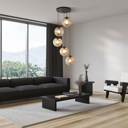Lampadario-Contemporaneo-Punch-Acciaio-Nero-Vetro-5-Luci-E27