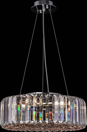 Lampadario-Contemporaneo-Recinto-Metallo-Cromo-6-Luci-Diffusori-Vetro-Trasp.