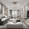 Lampadario-Contemporaneo-Recinto-Metallo-Cromo-6-Luci-Diffusori-Vetro-Trasp.
