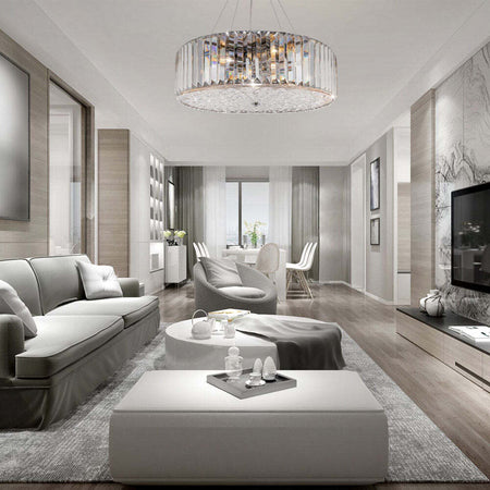 Lampadario-Contemporaneo-Recinto-Metallo-Cromo-6-Luci-Diffusori-Vetro-Trasp.