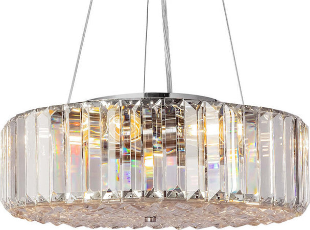 Lampadario-Contemporaneo-Recinto-Metallo-Cromo-6-Luci-Diffusori-Vetro-Trasp.