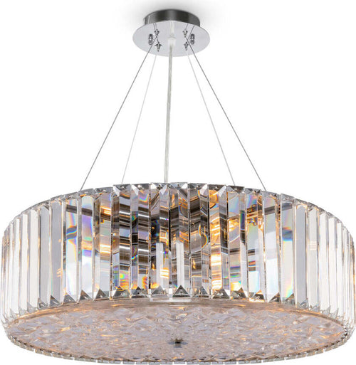 Lampadario-Contemporaneo-Recinto-Metallo-Cromo-8-Luci-Diffusori-Vetro-Trasp.