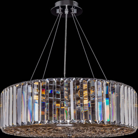 Lampadario-Contemporaneo-Recinto-Metallo-Cromo-8-Luci-Diffusori-Vetro-Trasp.
