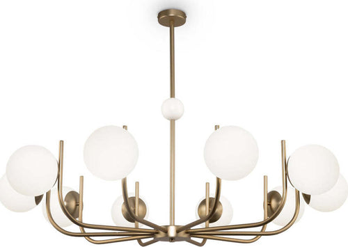 Lampadario-Contemporaneo-Rendez-Vous-Metallo-Ottone-10-Luci-E-Diffusori-Bianchi