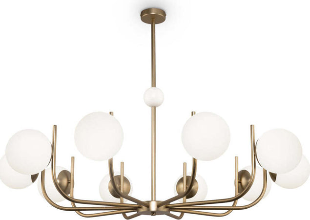 Lampadario-Contemporaneo-Rendez-Vous-Metallo-Ottone-10-Luci-E-Diffusori-Bianchi