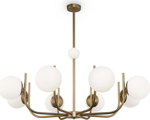 Lampadario-Contemporaneo-Rendez-Vous-Metallo-Ottone-8-Luci-E-Diffusori-Bianchi
