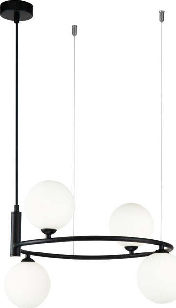 Lampadario-Contemporaneo-Ring-Metallo-Nero-4-Luci-E-Diffusori-Bianchi