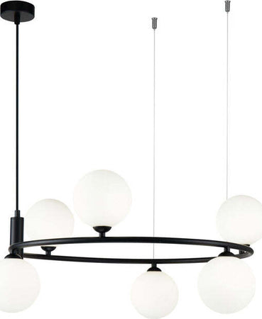 Lampadario-Contemporaneo-Ring-Metallo-Nero-6-Luci-E-Diffusori-Bianchi