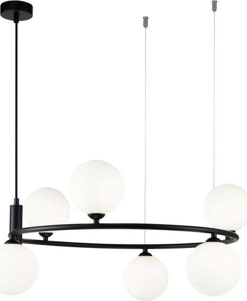 Lampadario-Contemporaneo-Ring-Metallo-Nero-6-Luci-E-Diffusori-Bianchi