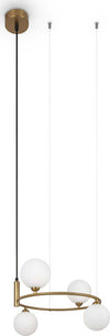 Lampadario-Contemporaneo-Ring-Metallo-Ottone-4-Luci-E-Diffusori-Bianchi