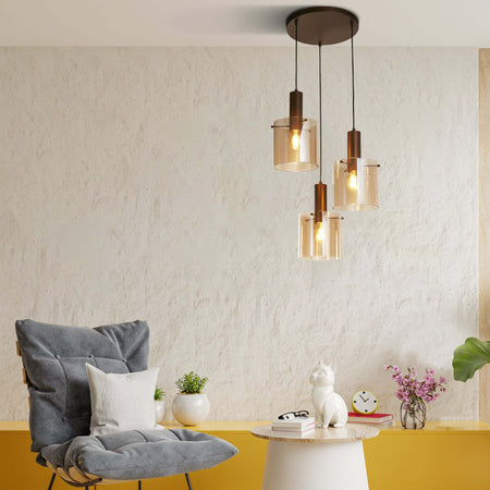 Lampadario-Contemporaneo-Svezia-Acciaio-Marrone-Vetro-3-Luci-E27