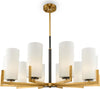 Lampadario-Contermporaneo-Fortano-10-Luci-Metallo-Ottone-Diffusori-Vetro-Bianchi