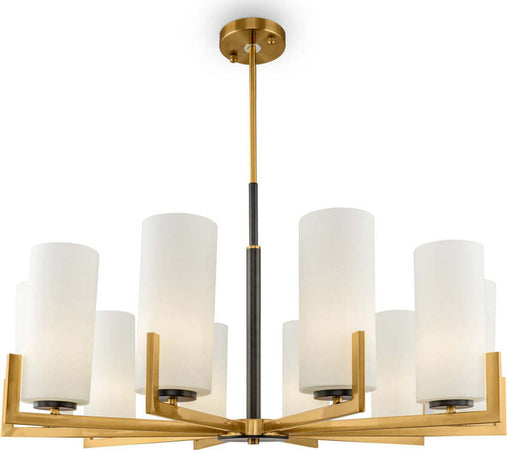Lampadario-Contermporaneo-Fortano-10-Luci-Metallo-Ottone-Diffusori-Vetro-Bianchi