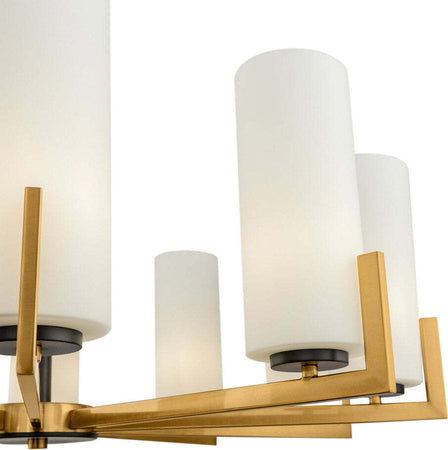 Lampadario-Contermporaneo-Fortano-10-Luci-Metallo-Ottone-Diffusori-Vetro-Bianchi