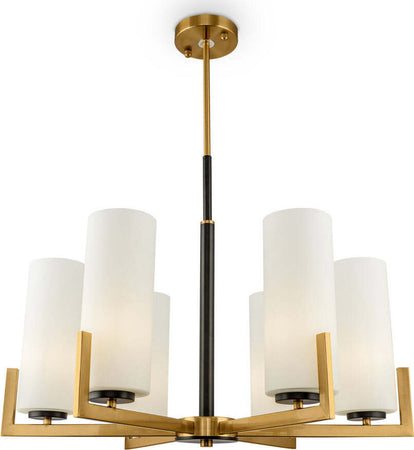 Lampadario-Contermporaneo-Fortano-6-Luci-Metallo-Ottone-Diffusori-Vetro-Bianchi