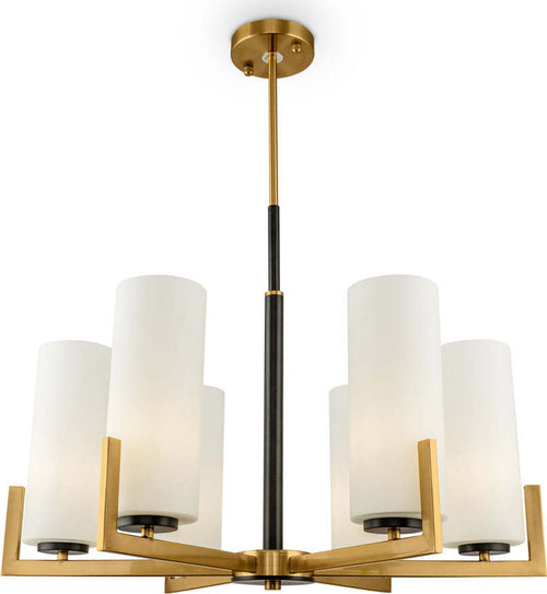 Lampadario-Contermporaneo-Fortano-6-Luci-Metallo-Ottone-Diffusori-Vetro-Bianchi