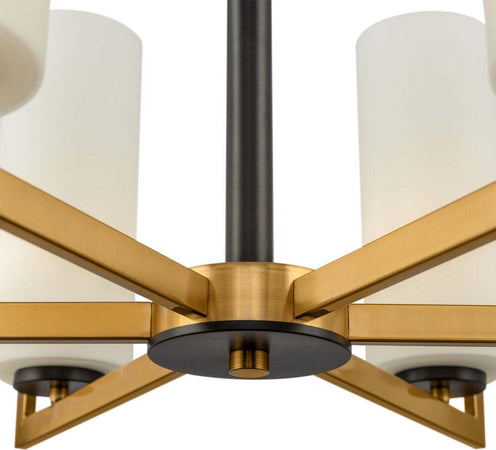 Lampadario-Contermporaneo-Fortano-6-Luci-Metallo-Ottone-Diffusori-Vetro-Bianchi