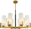 Lampadario-Contermporaneo-Fortano-8-Luci-Metallo-Ottone-Diffusori-Vetro-Bianchi