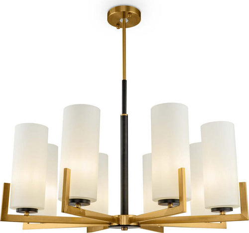 Lampadario-Contermporaneo-Fortano-8-Luci-Metallo-Ottone-Diffusori-Vetro-Bianchi