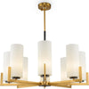 Lampadario-Contermporaneo-Fortano-8-Luci-Metallo-Ottone-Diffusori-Vetro-Bianchi