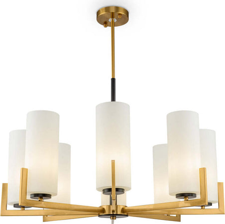 Lampadario-Contermporaneo-Fortano-8-Luci-Metallo-Ottone-Diffusori-Vetro-Bianchi