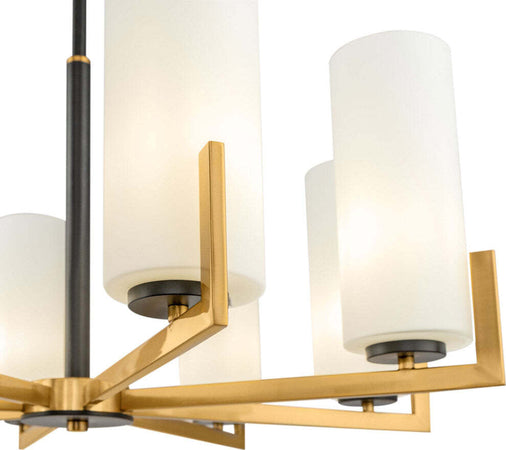 Lampadario-Contermporaneo-Fortano-8-Luci-Metallo-Ottone-Diffusori-Vetro-Bianchi