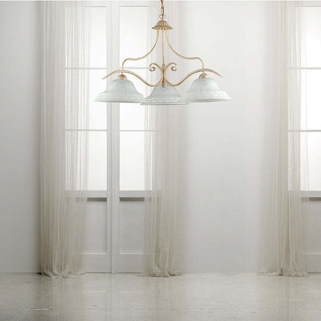 Lampadario-Country-Chic-3-Luci-Ferro-Battuto-e-Vetro-Avorio-e-Oro-Serie-Atene