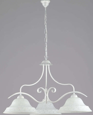 Lampadario-Country-Chic-3-Luci-Ferro-Battuto-e-Vetro-Bianco-e-Argento-Serie-Atene