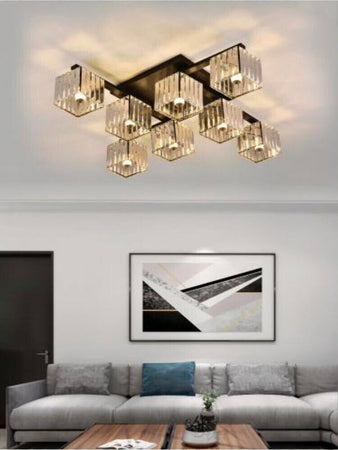 Lampadario-Da-Soffitto-8-Cubi-In-Vetro-Portalampadina-E27-Metallo-Nero-Moderno