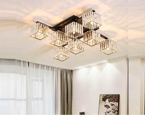 Lampadario-Da-Soffitto-8-Cubi-In-Vetro-Portalampadina-E27-Metallo-Nero-Moderno