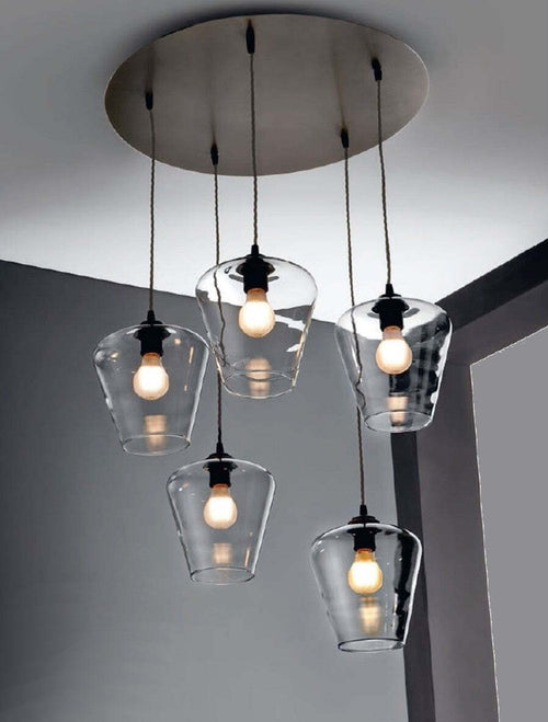Lampadario-Illuminando-PAGODA-5-E27-LED-sospensione-classica-ruggine-vetro-trasparente-interno
