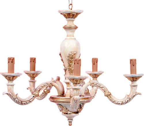 Lampadario-In-Legno-Classico-Crema-Decapè-Oro-5-Luci-Pavoncelle
