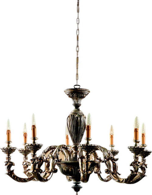 Lampadario-In-Legno-Classico-Marrone-Argento-Etrusco-8-Luci-Piccione