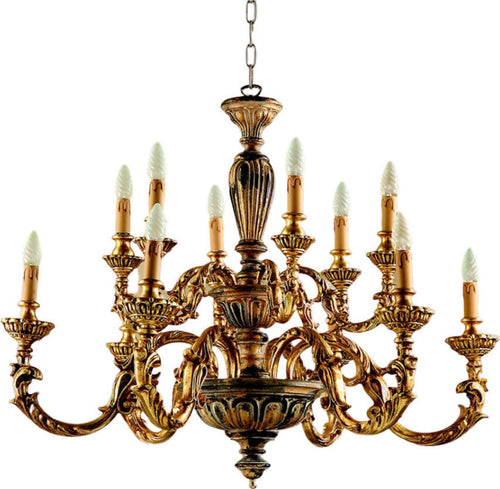 Lampadario-In-Legno-Classico-Marrone-Oro-Etrusco-12-Luci-Piccione