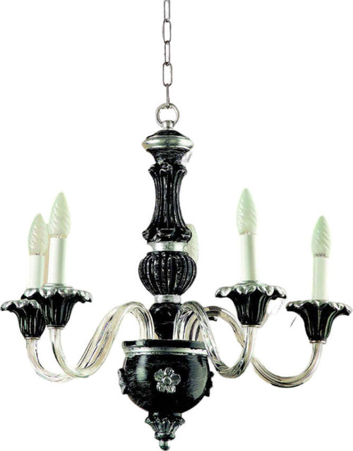 Lampadario-In-Legno-Classico-Nero-Graffiato-Argento-5-Luci-Airone