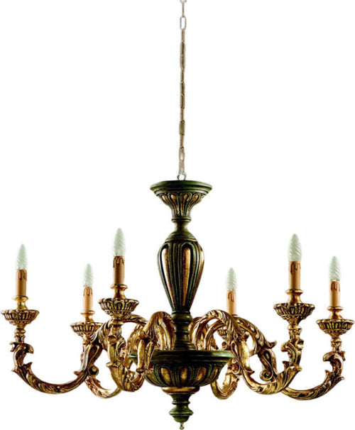Lampadario-In-Legno-Classico-Verde-Etrusco-Oro-6-Luci-Piccione