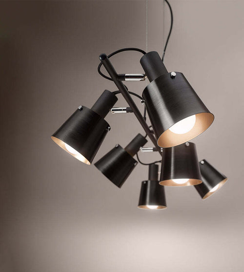 Lampadario-In-Metallo-Contemporaneo-Megafono-Nero-6-Luci-E27