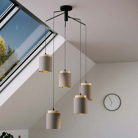 Lampadario-Industrial-Albariza-5-Luci-Metallo-Nero-E-Marrone